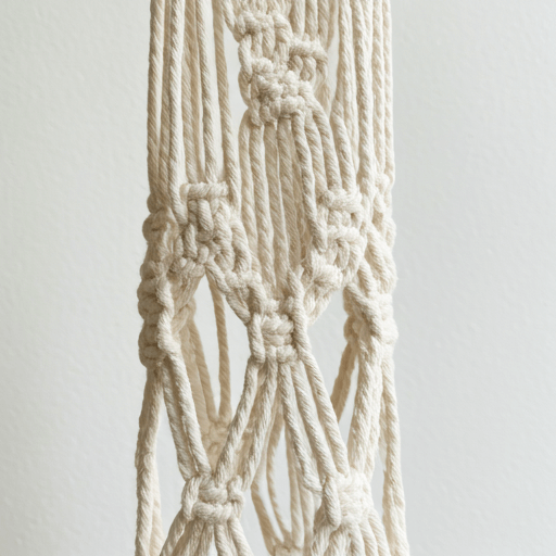 Close up of handmade cream macrame plant hanger texture